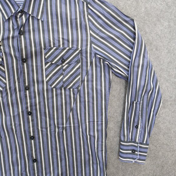 7 Diamonds Shirt Mens Large Blue Button Up Long Sleeve Striped Pockets - Picture 6 of 13